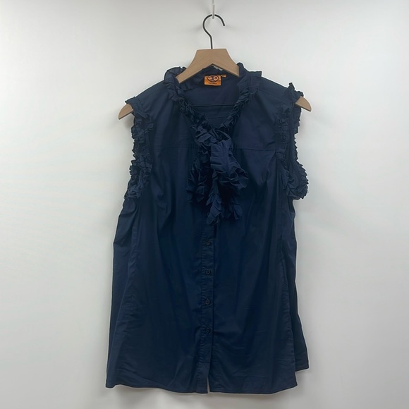 Tory Burch Tops - Tory Burch Ruffle Bow Sleeveless Button Down Blouse Preppy Navy 14